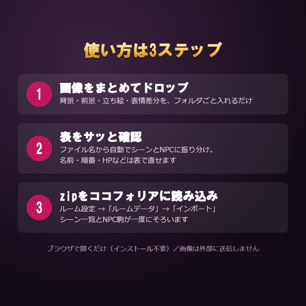 【PRO不要】ココフォリア部屋まとめ作成|画像からシーン・NPC駒を一括登録【GM/KP向けツール】