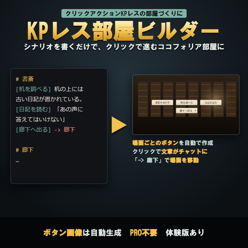 【PRO不要】KPレス部屋ビルダー｜シナリオを書くだけでクリックアクションKPレスのココフォリア部屋を作成