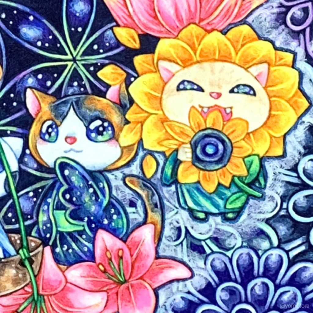 【原画販売済】フラワーオブライフとにゃん星座|高密度ボールペン画(デジタル版)|商用利用不可