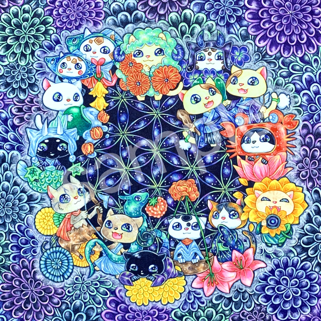 【原画販売済】フラワーオブライフとにゃん星座|高密度ボールペン画(デジタル版)|商用利用可能
