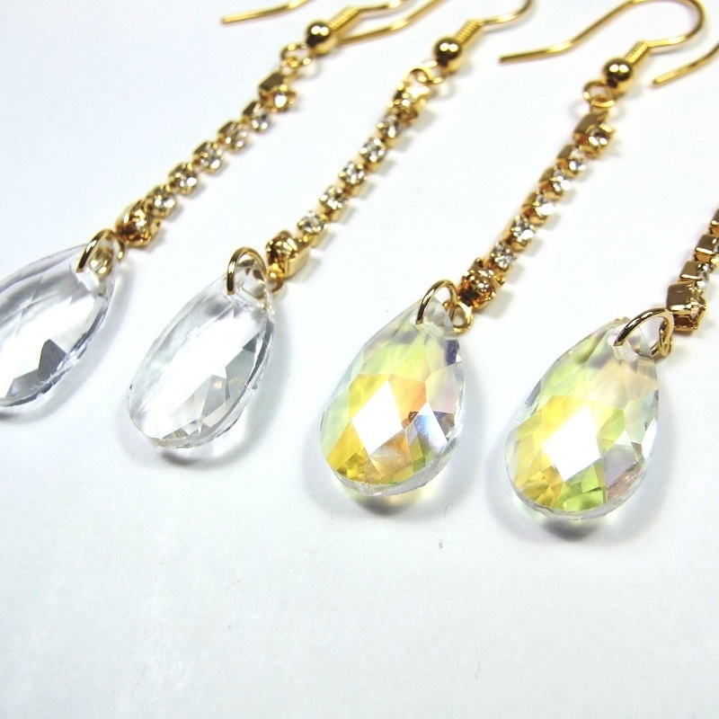 K16GPフックピアス A級ガラス ティアドロップ ゴールドシャンデリア lalalady-203