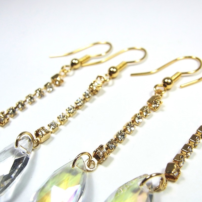 K16GPフックピアス A級ガラス ティアドロップ ゴールドシャンデリア lalalady-203