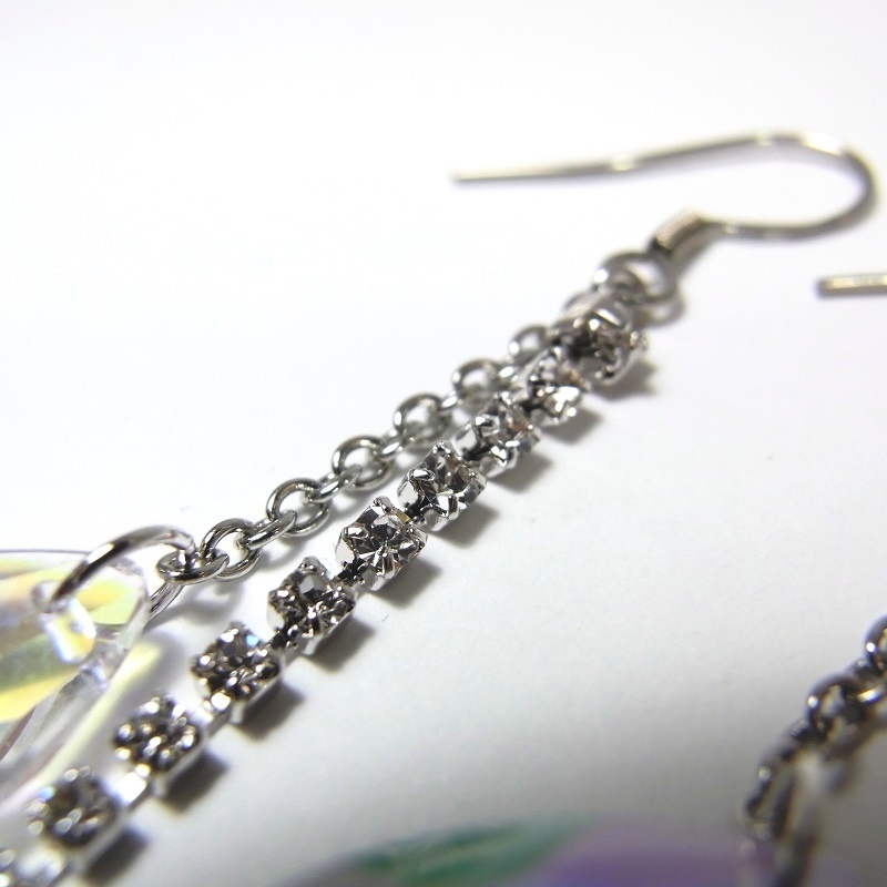 ステンレス製フックピアス A級ガラス ティアドロップ オーロラ&ロングシャンデリア lalalady-201