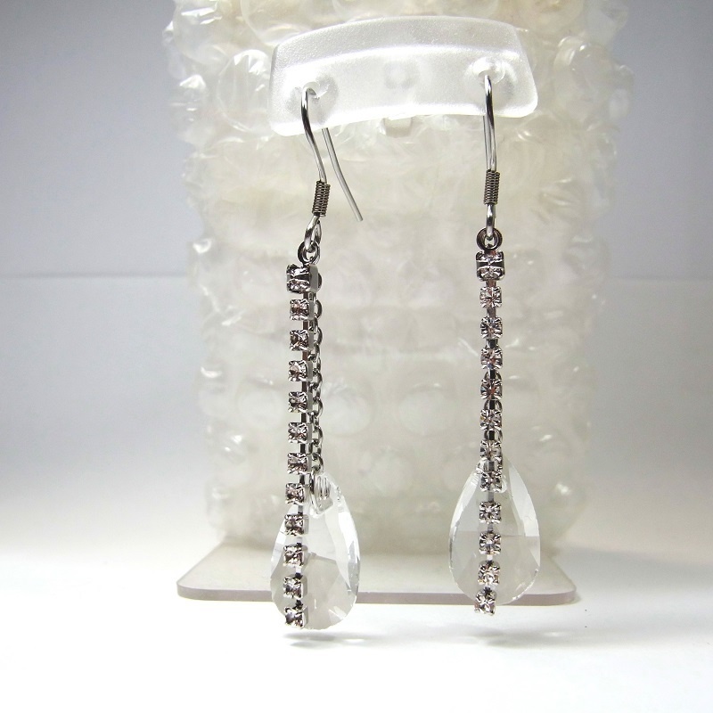 ステンレス製フックピアス A級ガラス ティアドロップ クリア&ロングシャンデリア lalalady-200