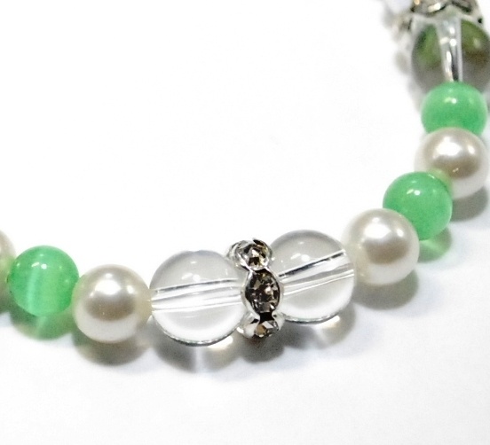 天然石 パワーストーン ブレスレット◆Pixie パール&グリーンキャッツアイ◆lalalady-76