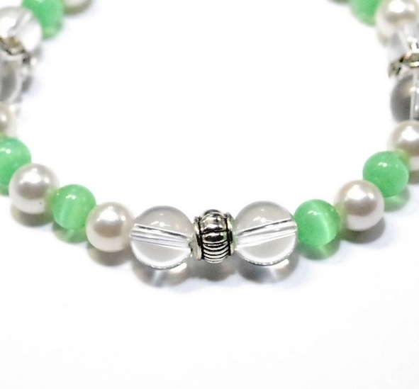 天然石 パワーストーン ブレスレット◆Pixie パール&グリーンキャッツアイ◆lalalady-76