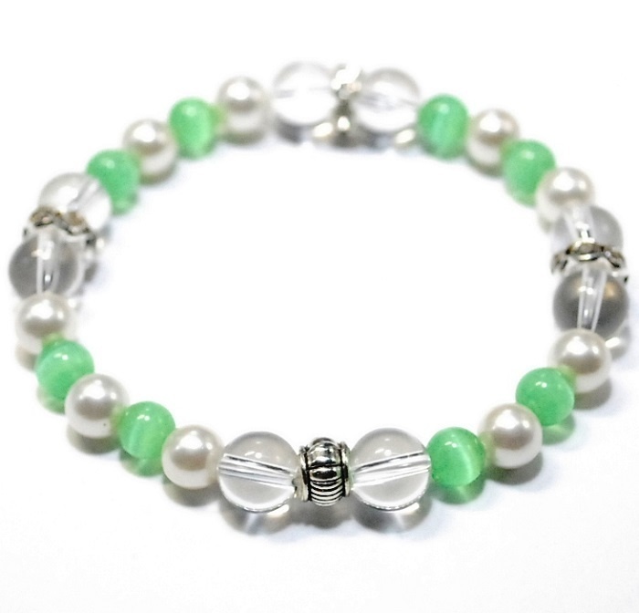 天然石 パワーストーン ブレスレット◆Pixie パール&グリーンキャッツアイ◆lalalady-76