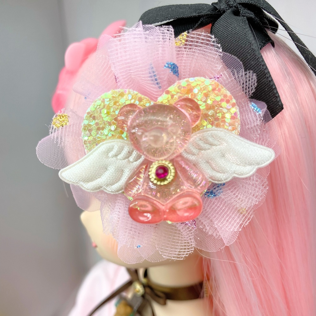 ふわふわくま天使のヘアクリップ