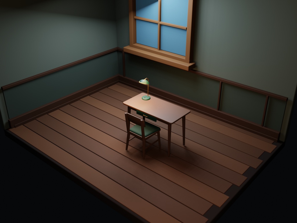 緑のランプがあるレトロ書斎コーナー【Blenderシーン+Unity静的Prefab】