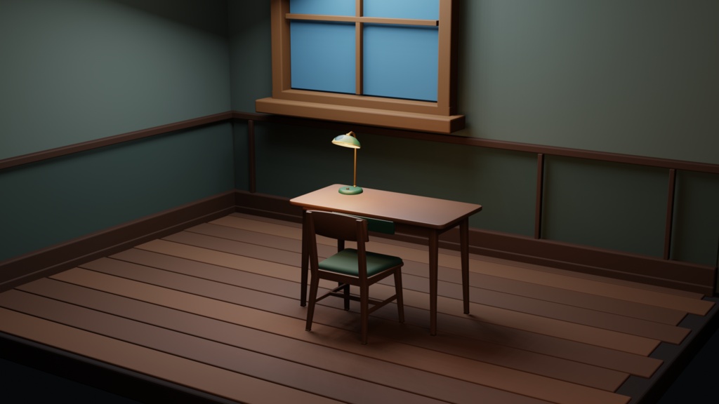 緑のランプがあるレトロ書斎コーナー【Blenderシーン+Unity静的Prefab】