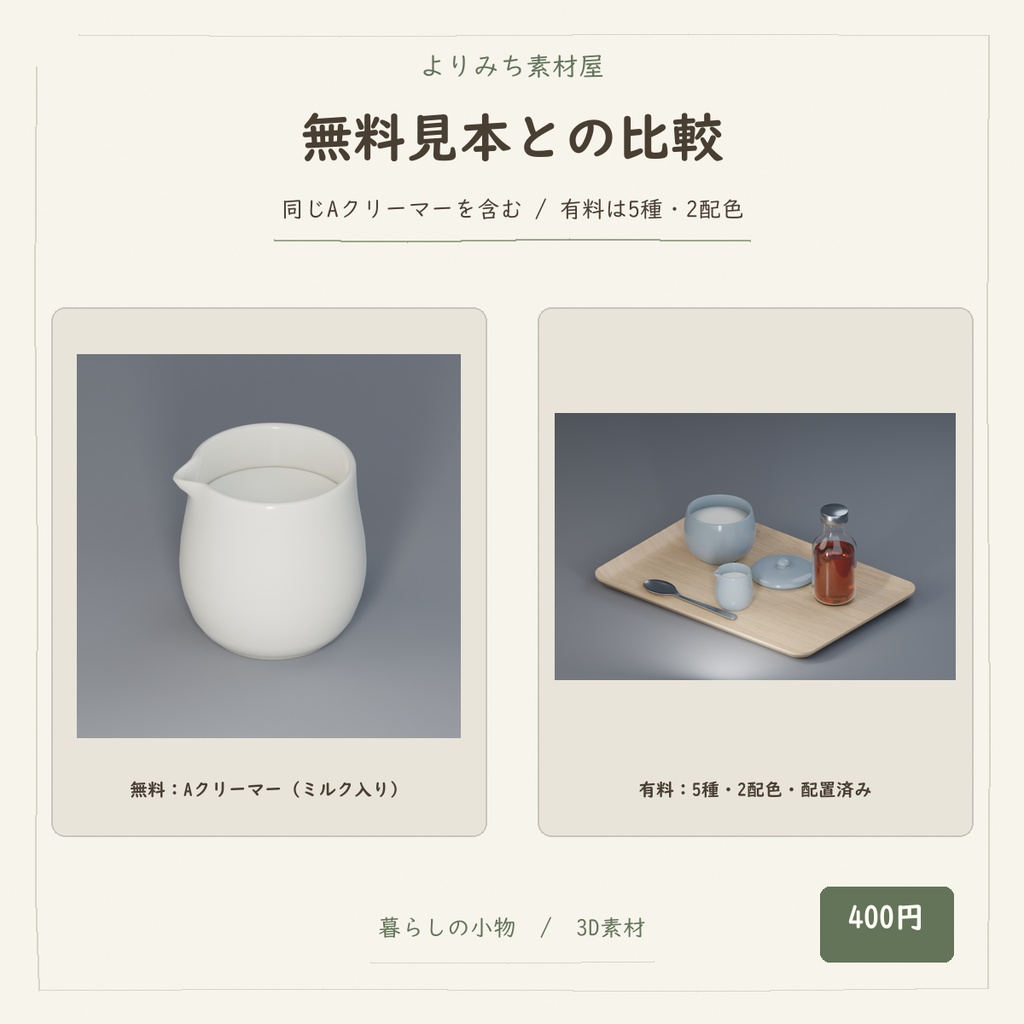 喫茶店のシュガー&ミルク 卓上小物セット【5種・2配色・3Dモデル】