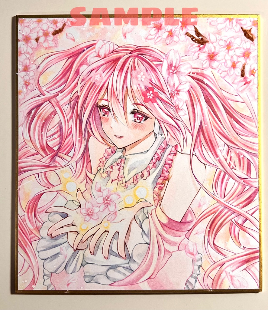 手描きイラスト 直筆原画 初音ミク bloomed in japan 桜ミク 小色紙