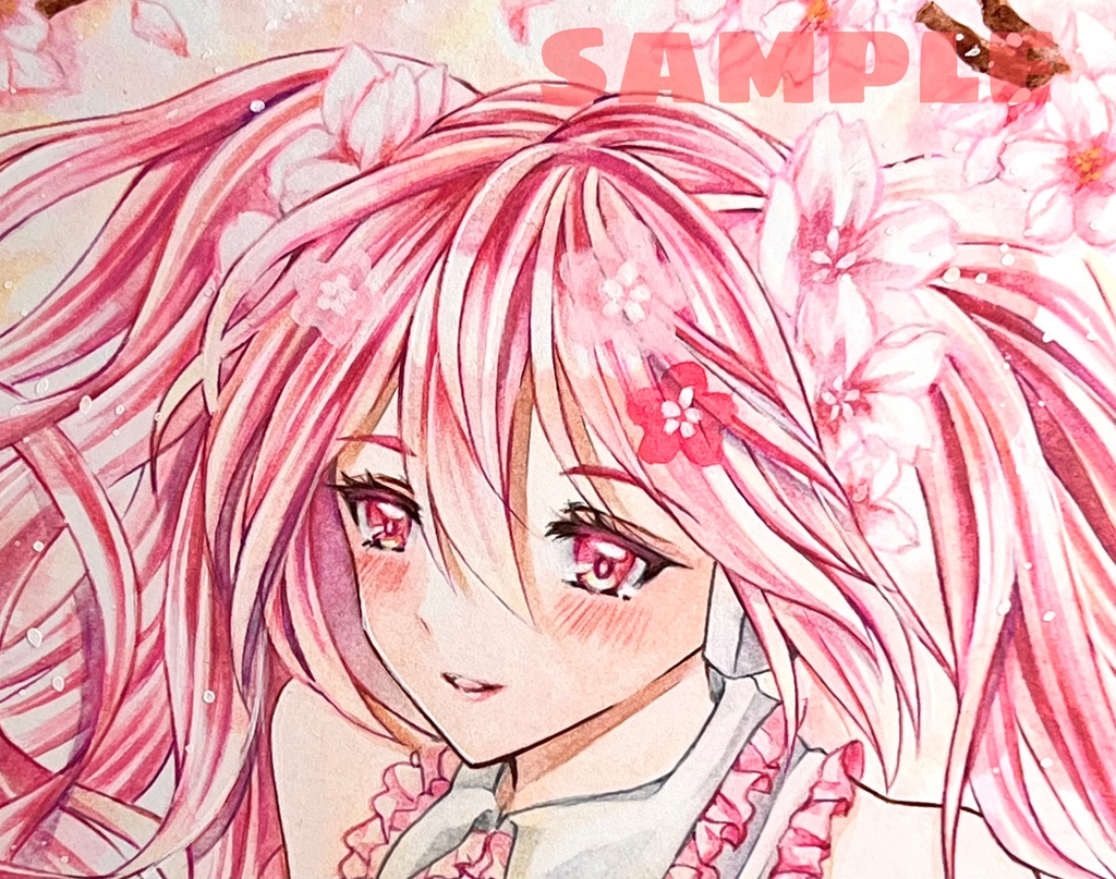 手描きイラスト 直筆原画 初音ミク bloomed in japan 桜ミク 小色紙