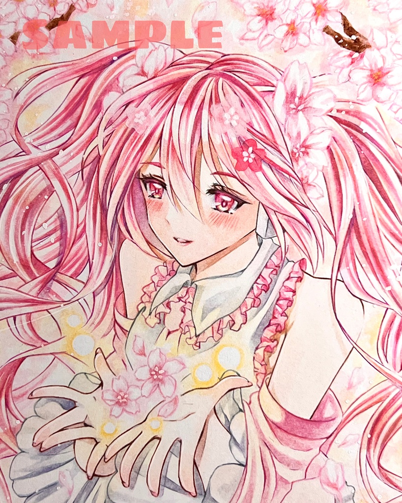 手描きイラスト 直筆原画 初音ミク bloomed in japan 桜ミク 小色紙