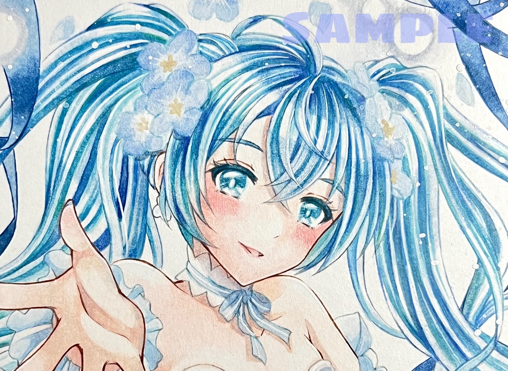 手描きイラスト 直筆原画 初音ミク Flower Fairy ネモフィラミク 小色紙