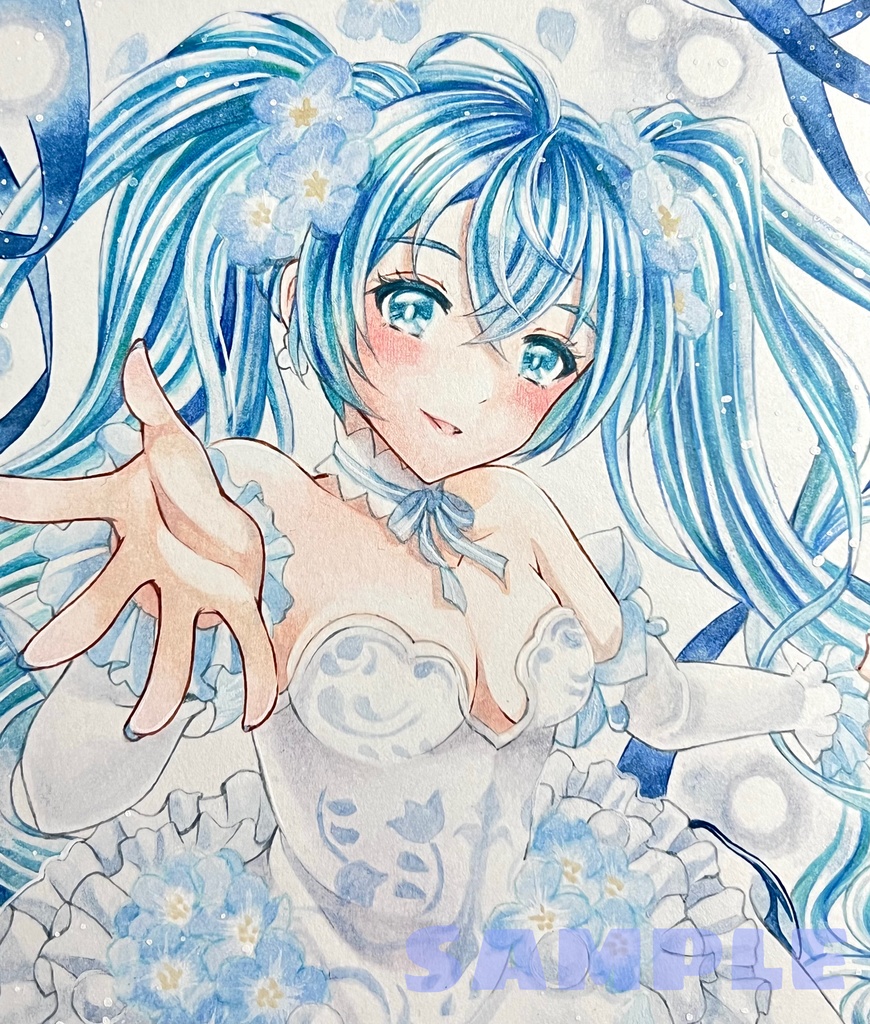 手描きイラスト 直筆原画 初音ミク Flower Fairy ネモフィラミク 小色紙