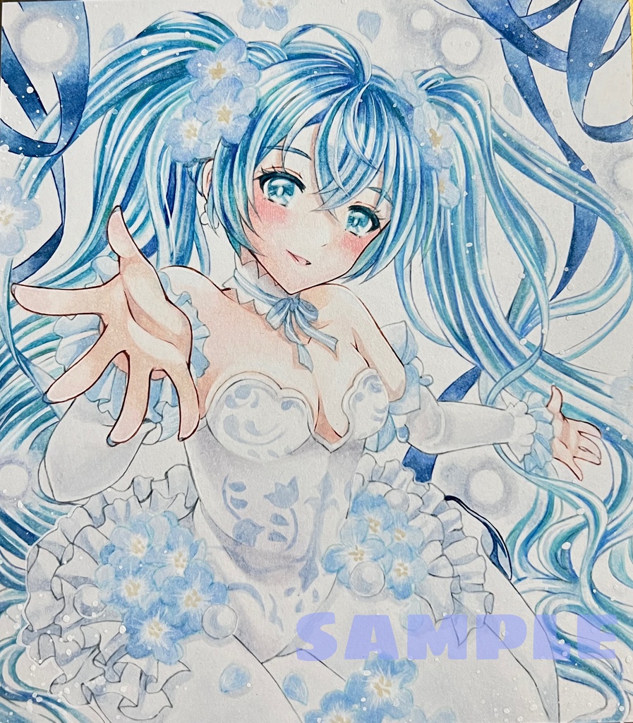 手描きイラスト 直筆原画 初音ミク Flower Fairy ネモフィラミク 小色紙