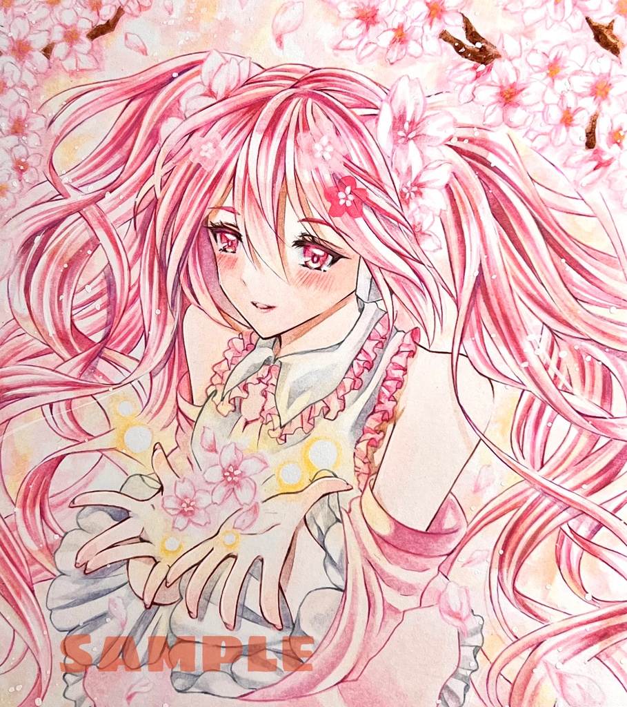 手描きイラスト　初音ミク　 bloomed in japan 桜ミク　小色紙