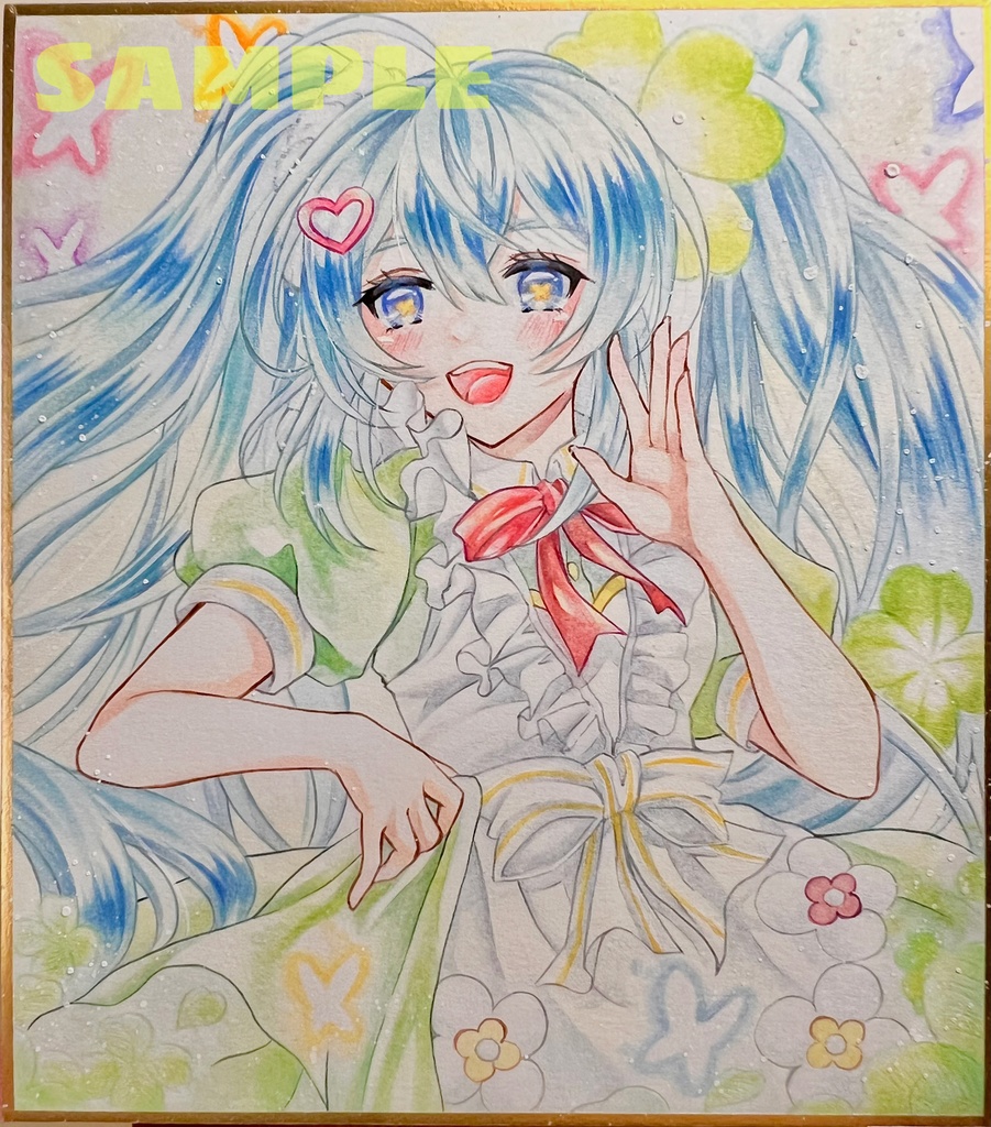 手描きイラスト　直筆原画　初音ミク　Flower Fairy　クローバー　小色紙