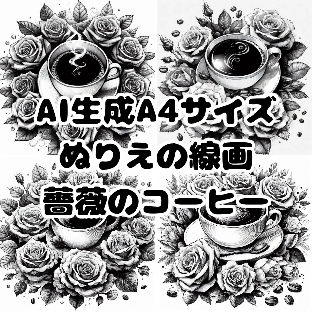 AI生成ぬりえの線画「薔薇とコーヒー」