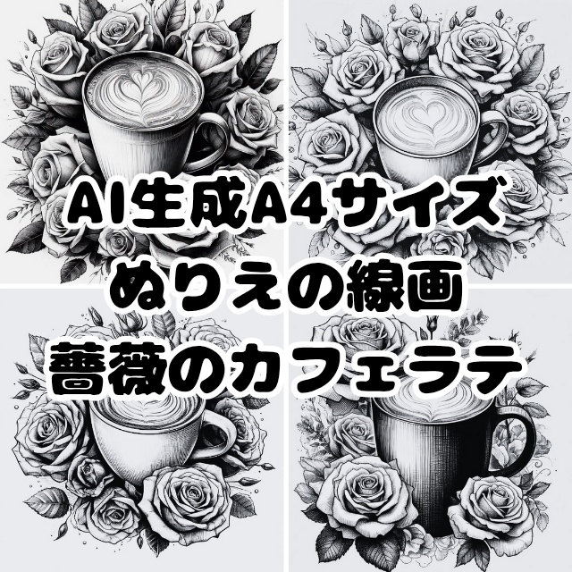 AI生成ぬりえ線画「薔薇とカフェラテ」