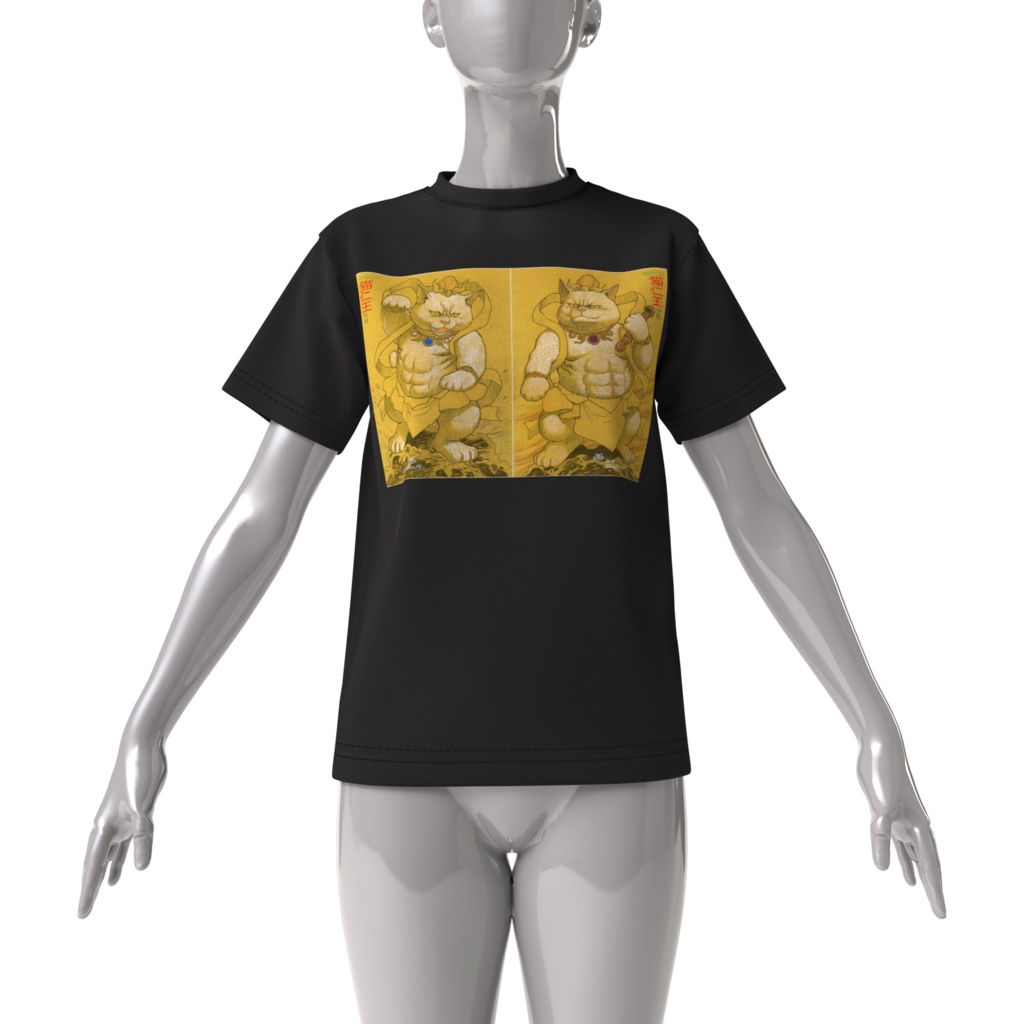 『猫仁王・阿形吽形像』ビッグシルエットTシャツ黒