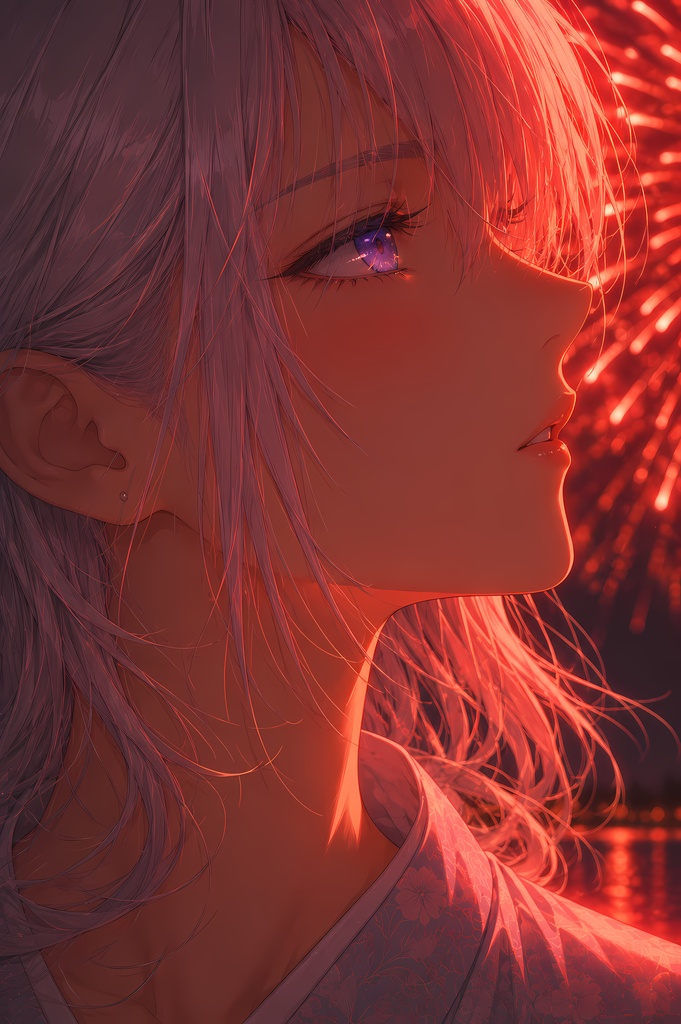 和の夏夜 浴衣少女と花火 AI生成イラスト 20枚セット