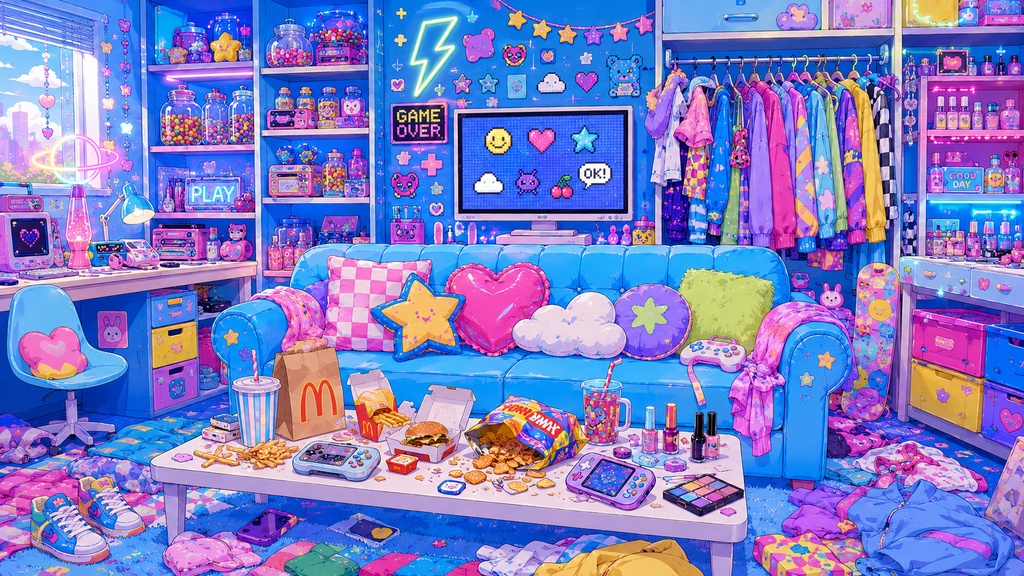 【配信背景】水色ポップな女の子の部屋【無料】