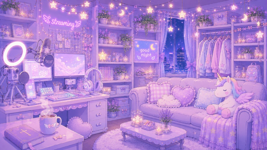 【配信背景】ファンシー紫な女の子の部屋【無料】
