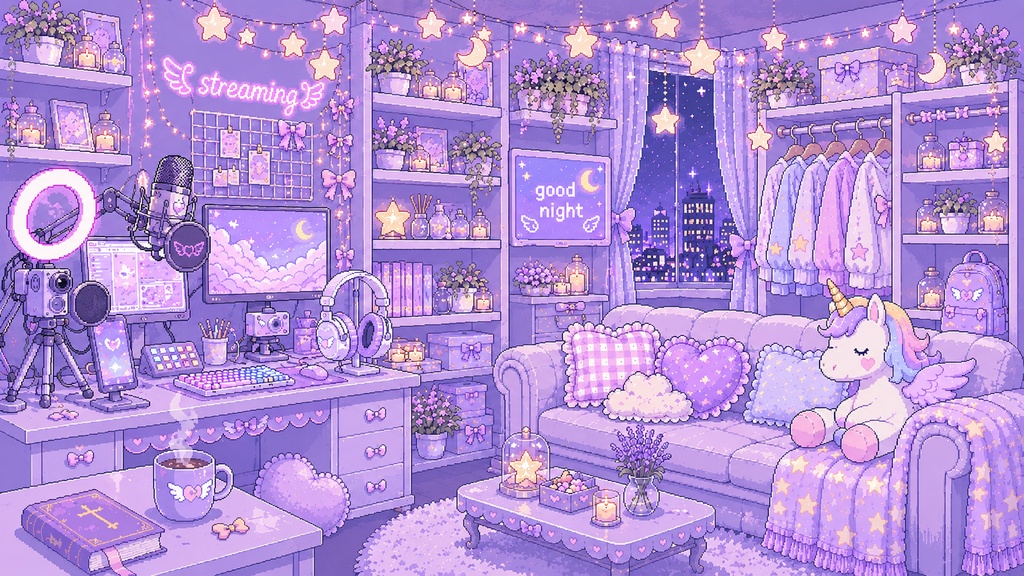 【配信背景】ファンシー紫な女の子の部屋ドットver【無料】