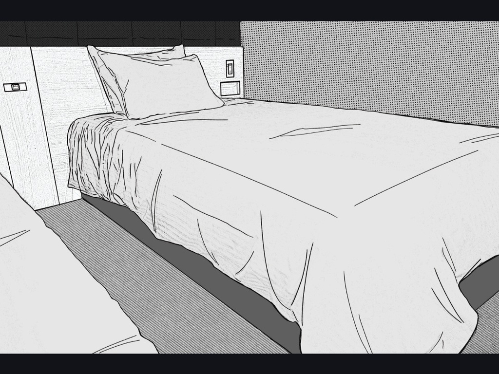 線画背景素材　ホテル室内【ベッド】