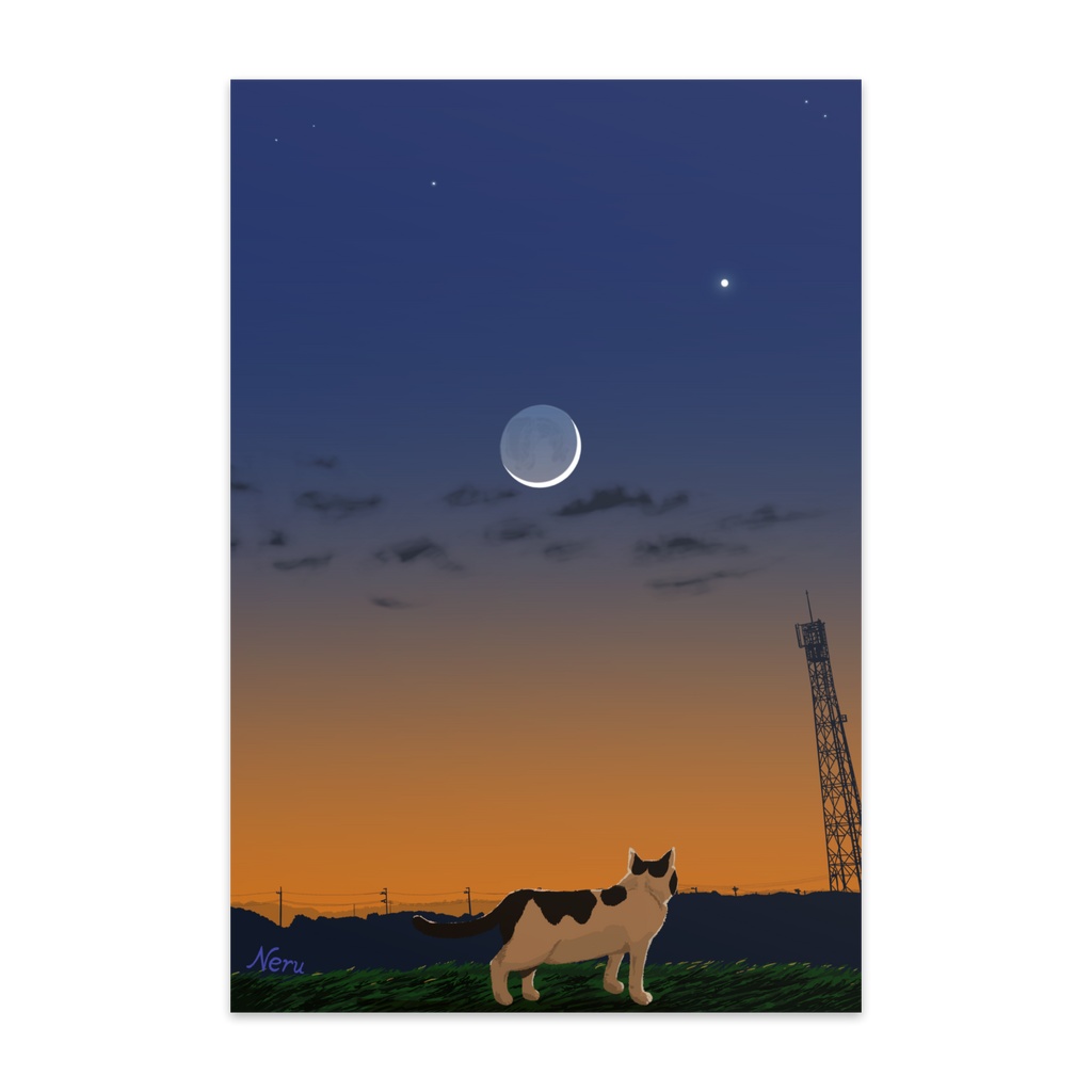 ポストカード『猫と地球照と電波塔』
