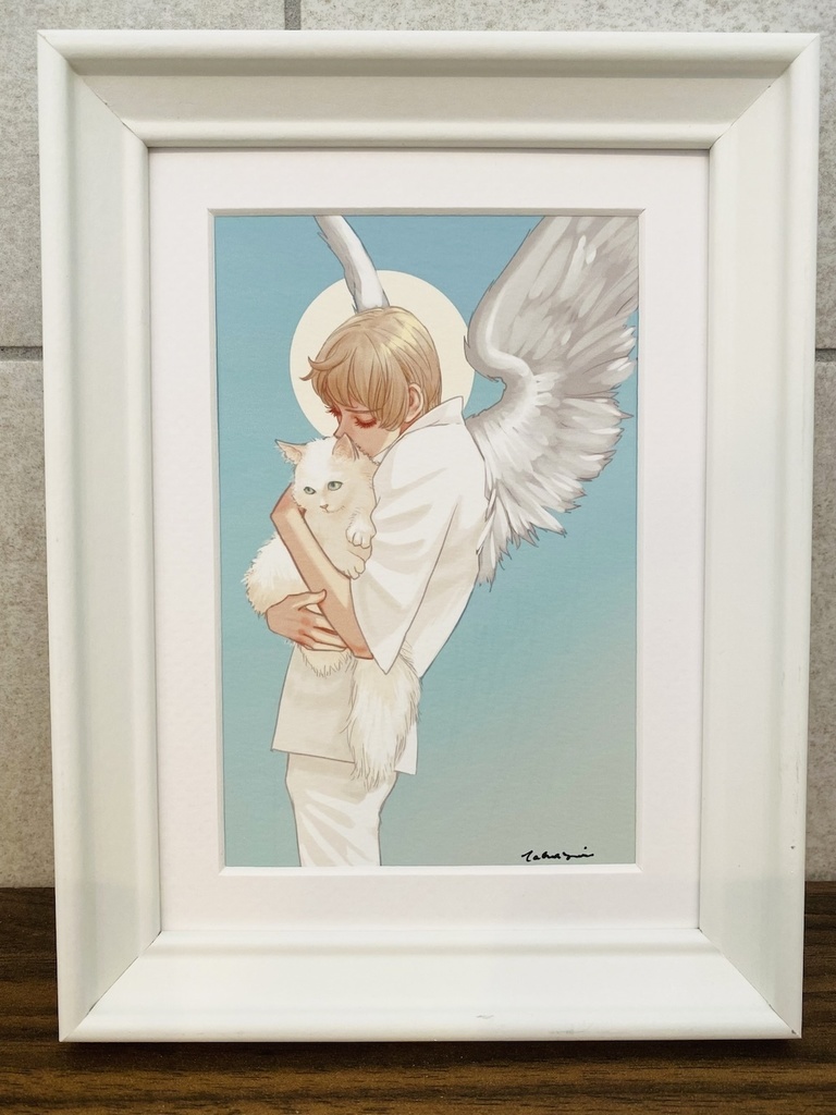 プリント額装作品No.1、「天使と猫 - ブルー」