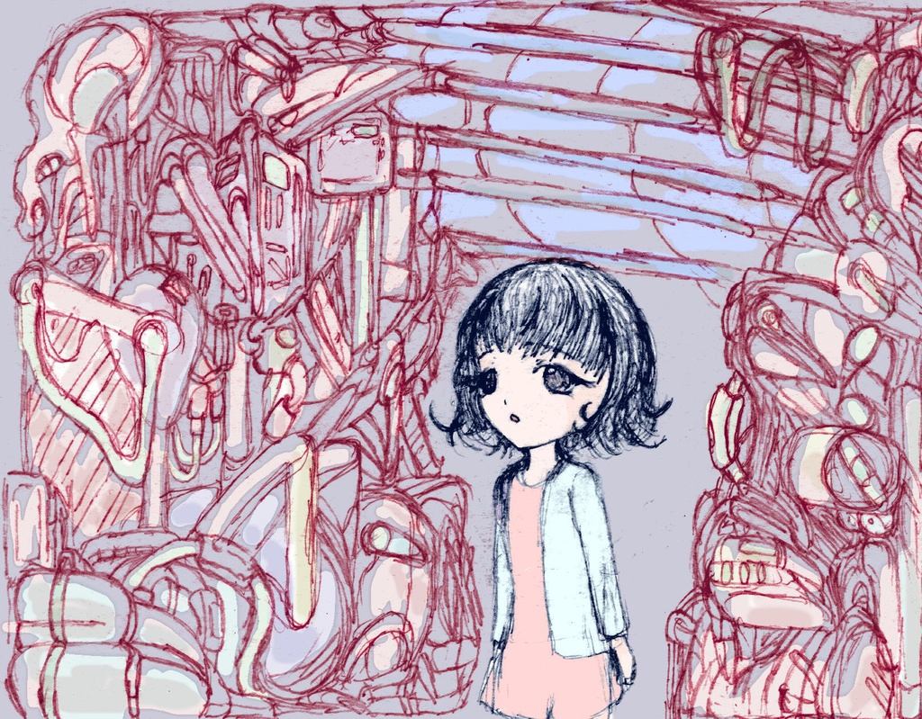 創作女の子パスケース 工場に迷い込んでしまったさきちゃん