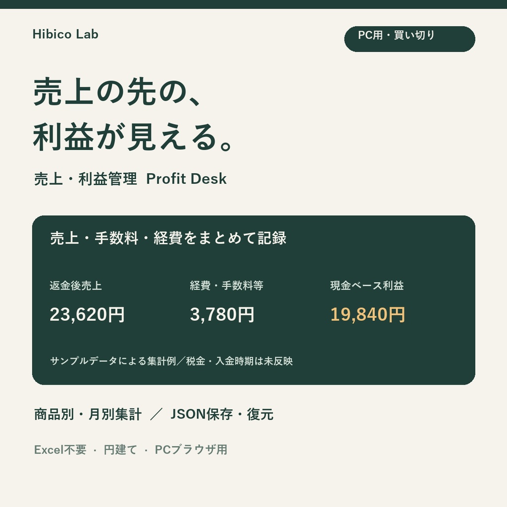売上・利益管理ツール｜デジタル商品販売者向け Hibico Profit Desk【PC用・買い切り】
