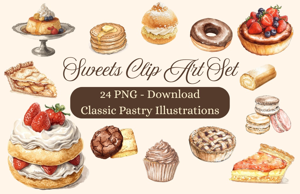 【Canva】水彩画風洋菓子クリップアート24点セット|PNG背景透過