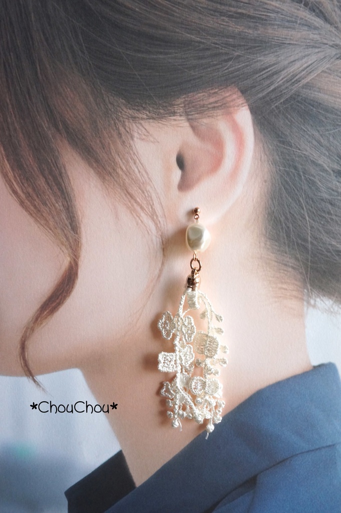 【3色】淡水パール+レースタッセル ピアス【イヤリング変更可】