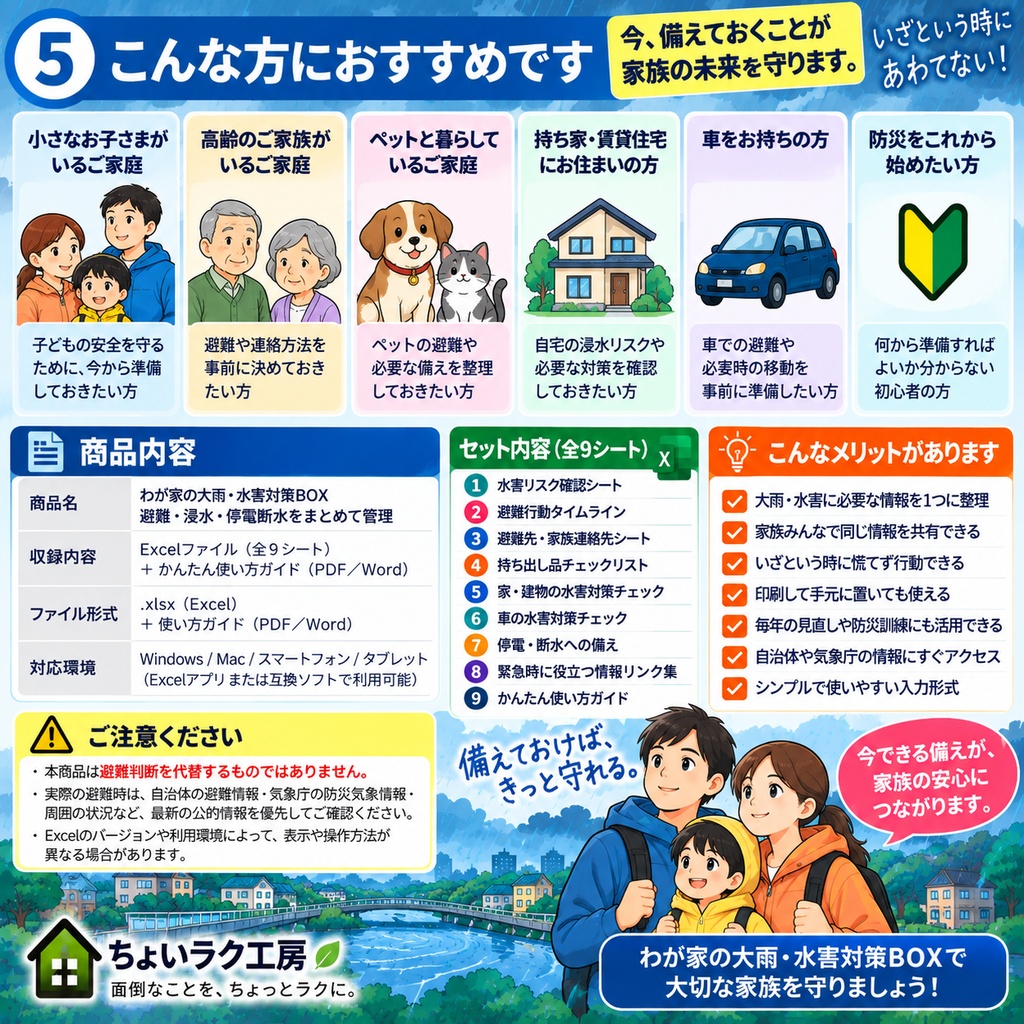 「わが家の大雨・水害対策BOX|避難・浸水・停電断水をまとめて管理」
