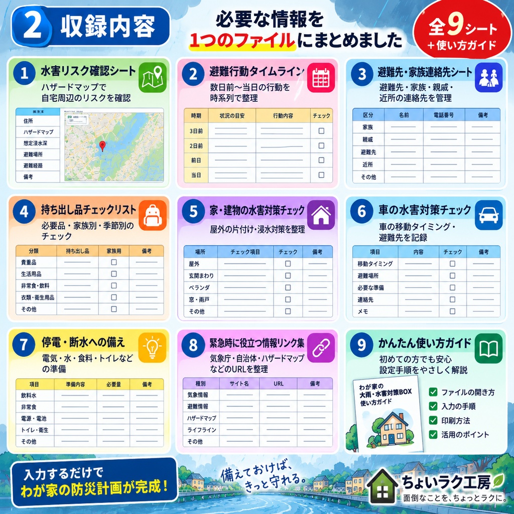 「わが家の大雨・水害対策BOX|避難・浸水・停電断水をまとめて管理」
