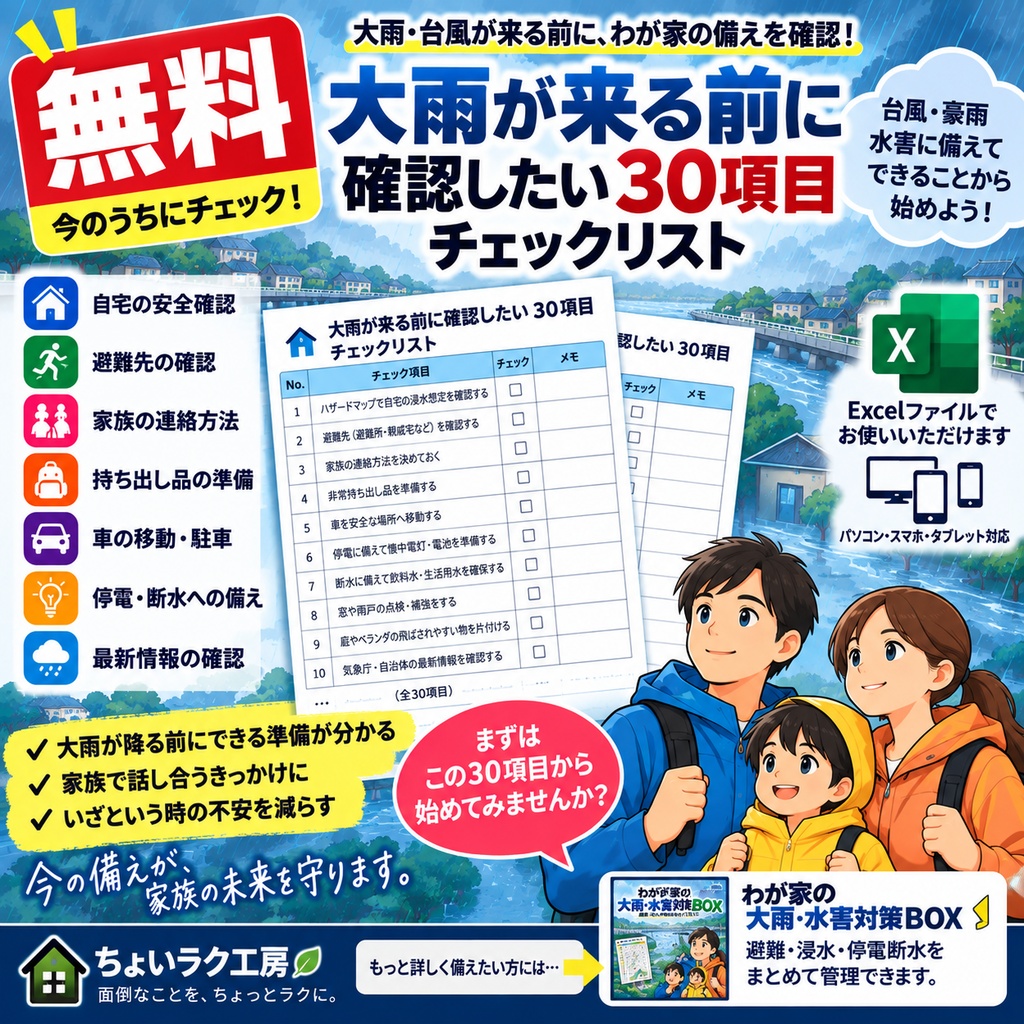 「無料｜大雨が来る前に確認したい30項目チェックリスト｜台風・水害の家庭防災」