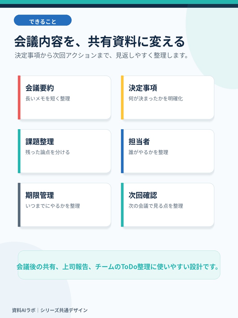 会議メモを貼るだけ AI議事録・アクション整理PPTテンプレート|決定事項・ToDo・期限整理
