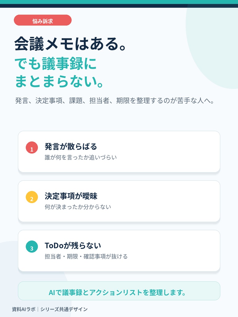 会議メモを貼るだけ AI議事録・アクション整理PPTテンプレート|決定事項・ToDo・期限整理