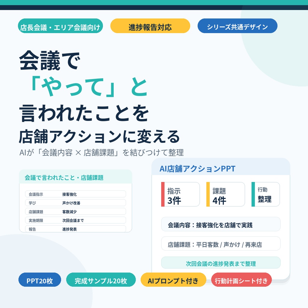会議で言われたことを実行計画にする AI店舗アクションPPTテンプレート|店長会議・進捗報告対応