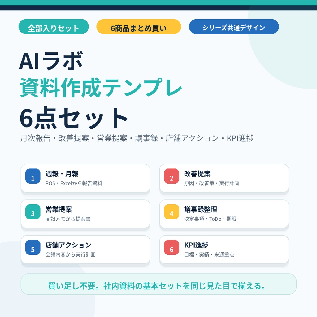 資料AIラボ 全部入り6点セット｜月次報告・改善提案・営業提案・議事録・店舗アクション・KPI進捗