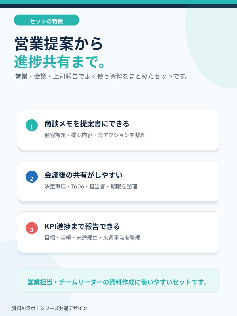 資料AIラボ 営業・会議3点セット|営業提案・議事録整理・KPI進捗