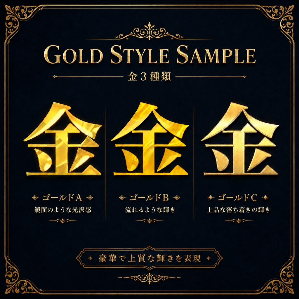【Photoshop】高品質 金銀銅メタル文字レイヤースタイル 全9種類