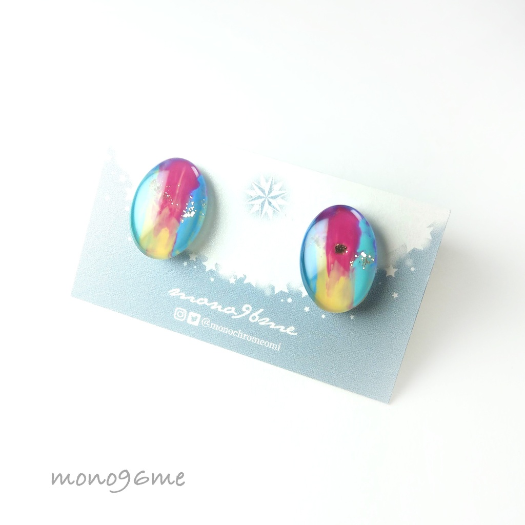 カラフル楕円イヤリング【ピンク×緑×水色】