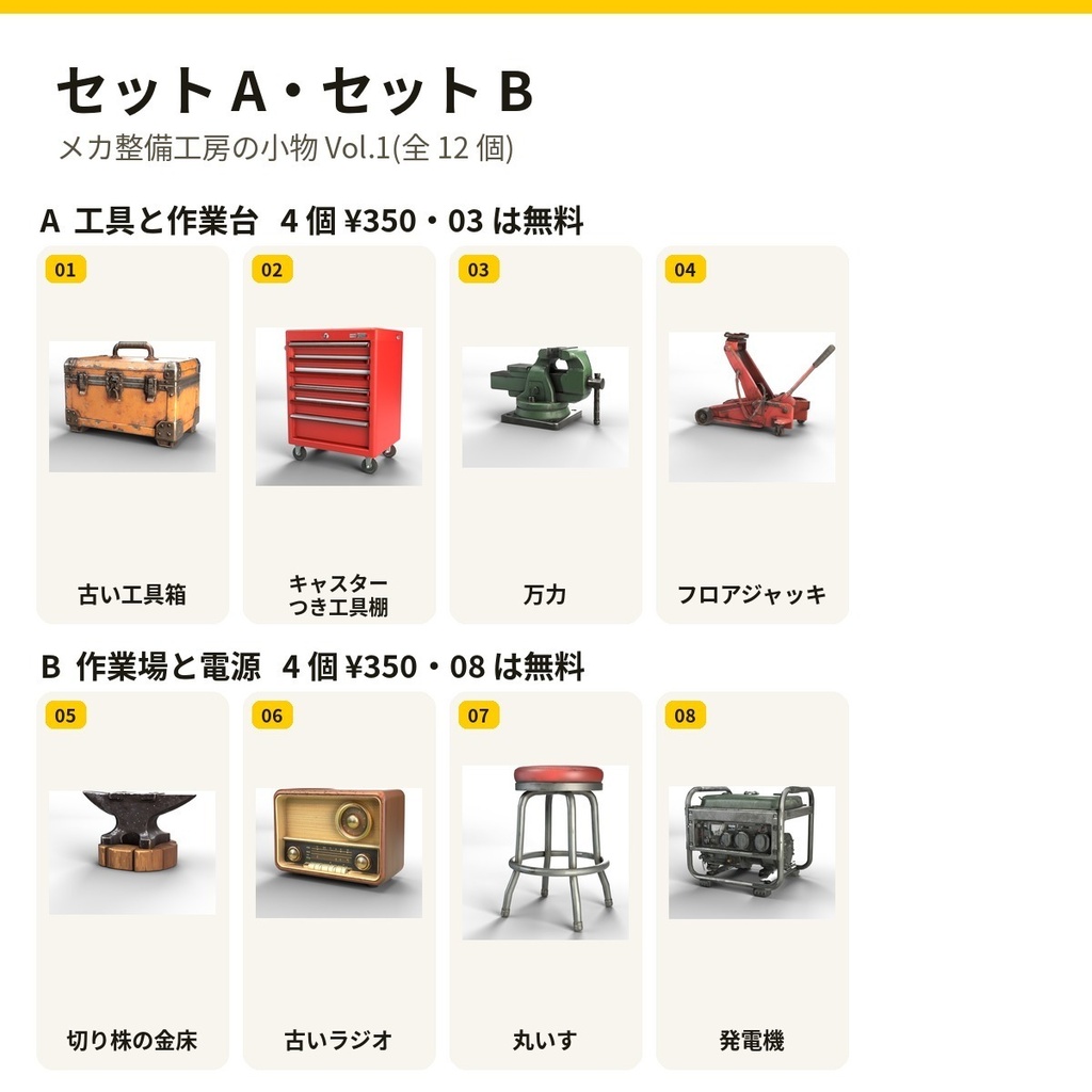 メカ整備工房の小物 Vol.1【4・8・12 個セット・バラ売りあり】【3Dモデル・VRChat/Unity】(AI で作成)