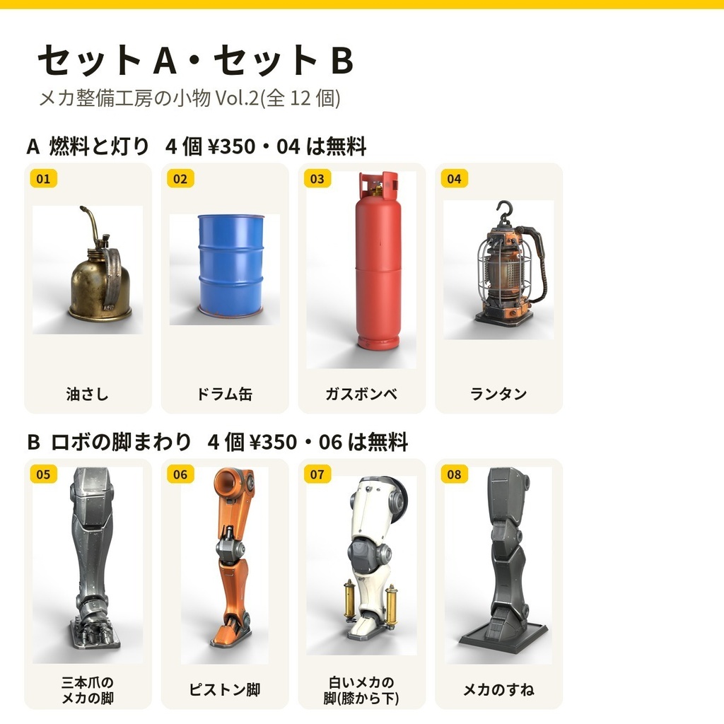 メカ整備工房の小物 Vol.2【4・8・12 個セット・バラ売りあり】【3Dモデル・VRChat/Unity】(AI で作成)