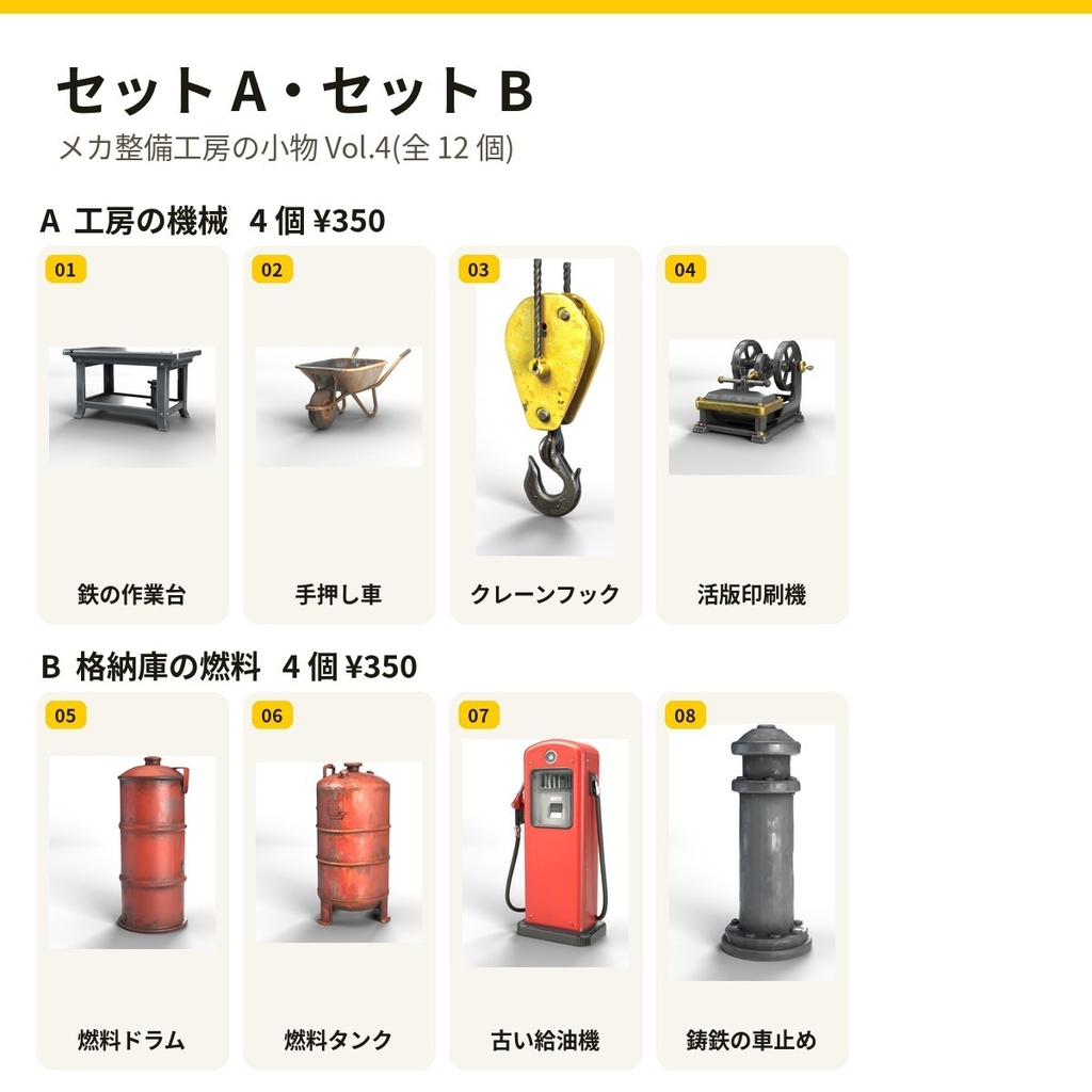 メカ整備工房の小物 Vol.4【4・8・12 個セット・バラ売りあり】【3Dモデル・VRChat/Unity】(AI で作成)